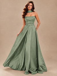 Strapless Prom Dress Side High Slit A-line Formal Dress with Scarf
