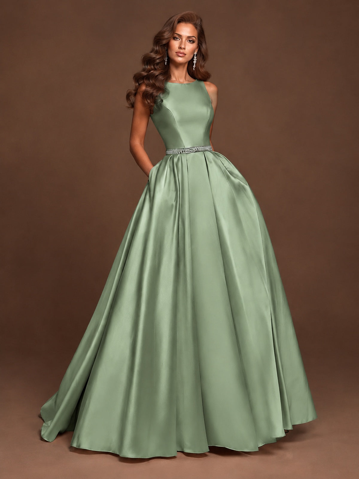 Satin A-Line Prom Dress Sleeveless Beaded Waist Formal Gown with Pockets