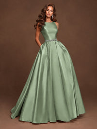 Satin A-Line Prom Dress Sleeveless Beaded Waist Formal Gown with Pockets
