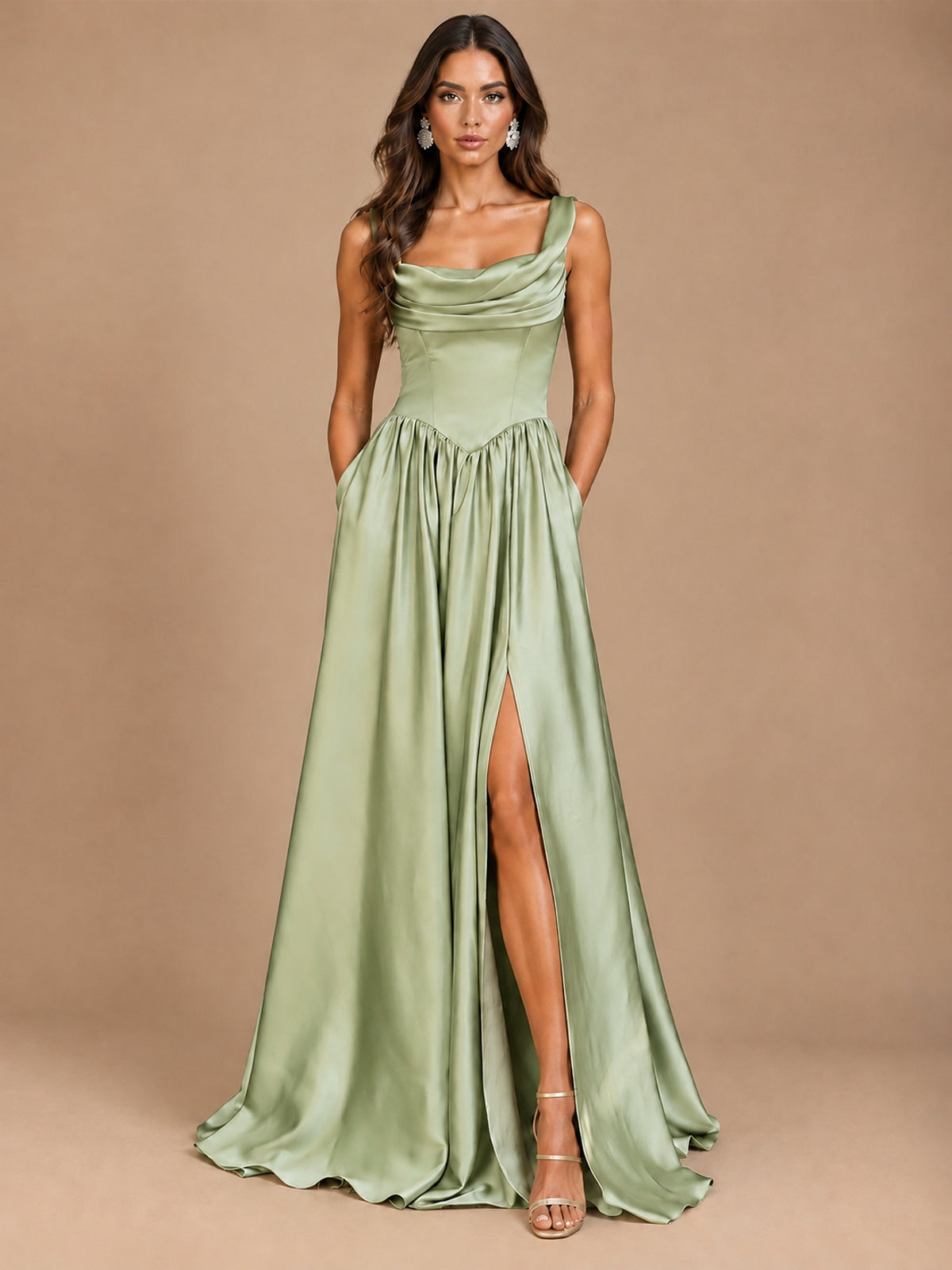 Cowl Neck Pleated Satin Prom Dress with Pockets & Slit Maxi Formal Gowns
