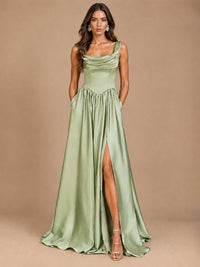 Cowl Neck Pleated Satin Prom Dress with Pockets & Slit Maxi Formal Gowns