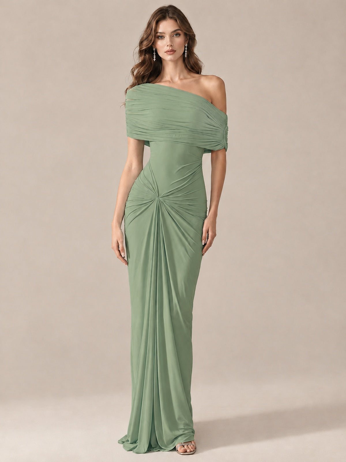 Elegant Draped Off Shoulder Ruched Mermaid Chiffon Formal Evening Gown