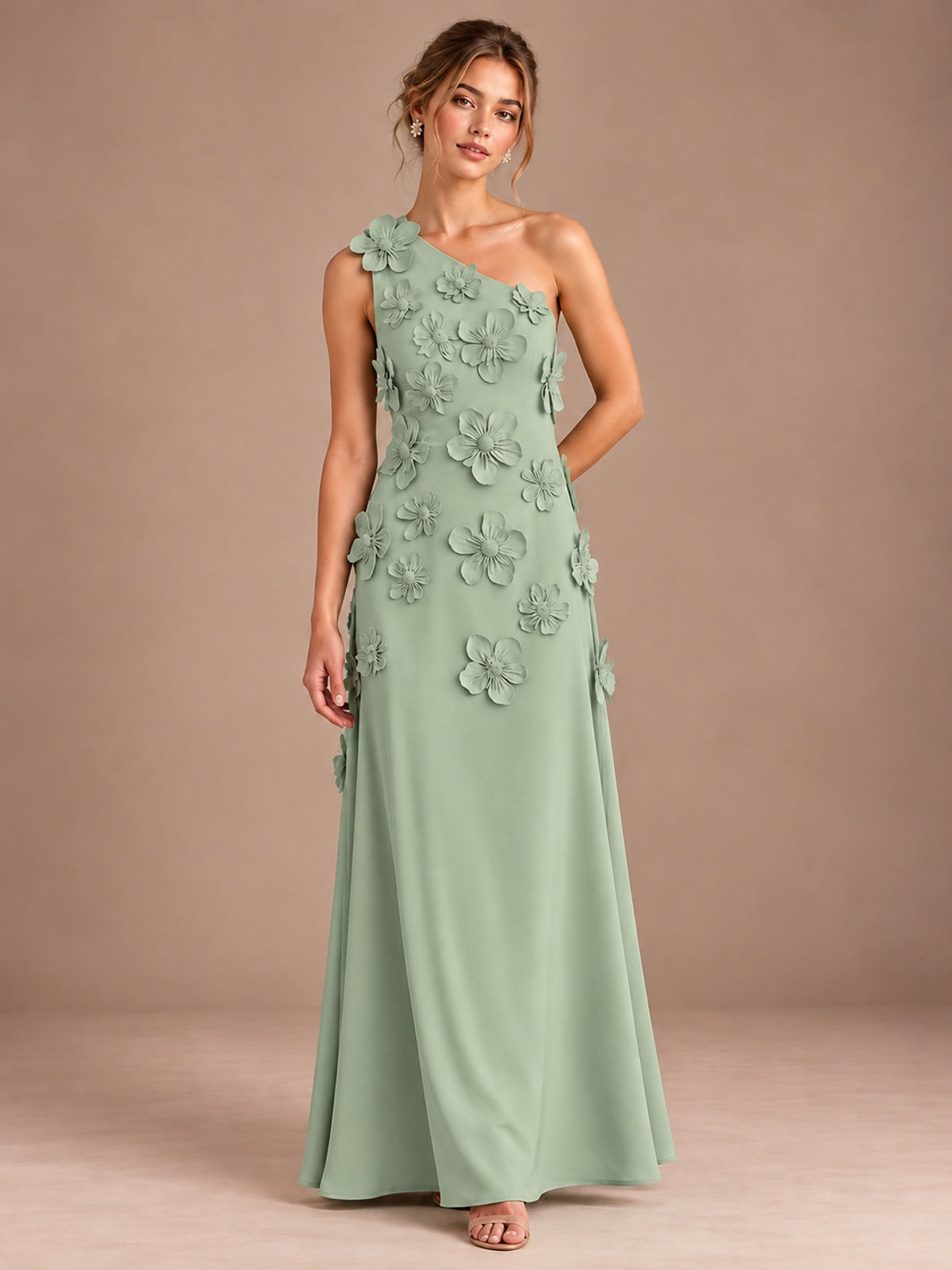 Sage Green- One Shoulder Satin Formal Maxi Dress with 3D Floral