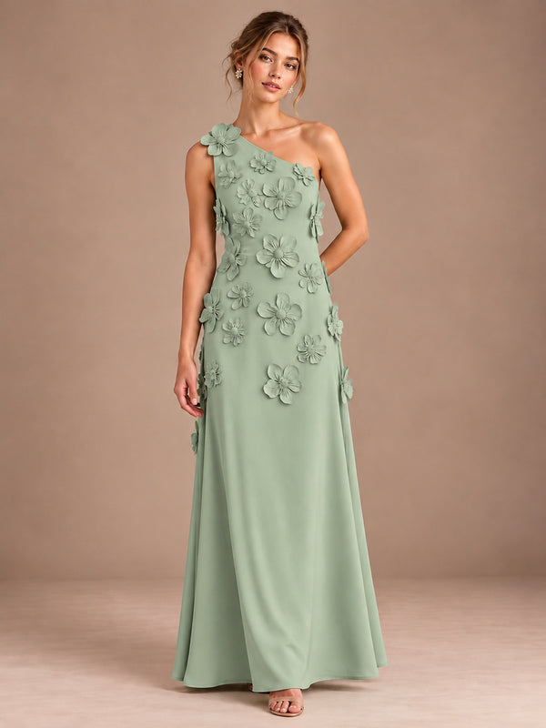 Sage Green- One Shoulder Satin Formal Maxi Dress with 3D Floral