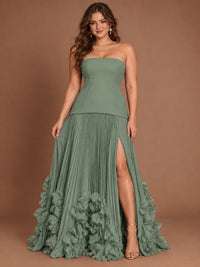 Strapless Pleated Floral Satin Formal Dress with Side Slit