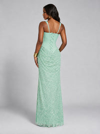 Sequin Corset Mermaid Prom Dress with Square Neck Wide Strap High Slit