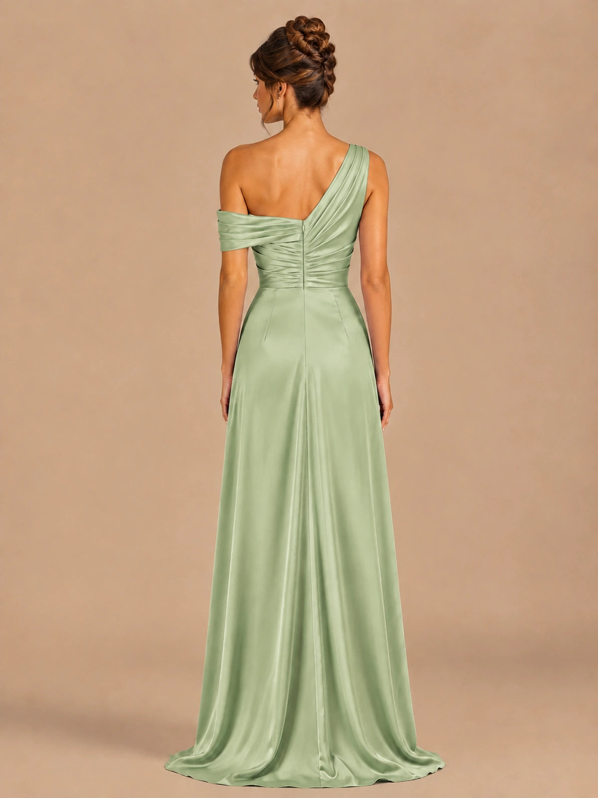 Satin One Shoulder Prom Dress Ruched Long Formal Evening Gown