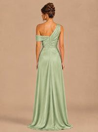 Satin One Shoulder Prom Dress Ruched Long Formal Evening Gown