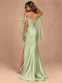 Off The Shuolder Satin Prom Dress Slit Mermaid Formal Gowns