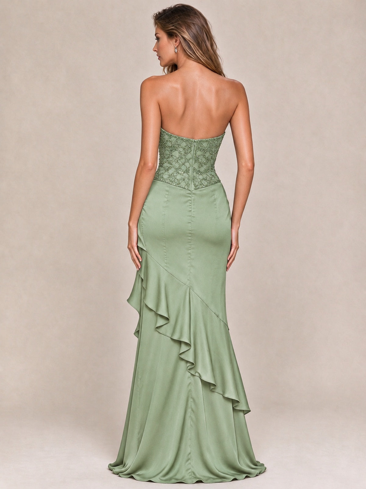 Strapless Lace Appliques Corset Satin Prom Dress Ruffle Slit Evening Gown