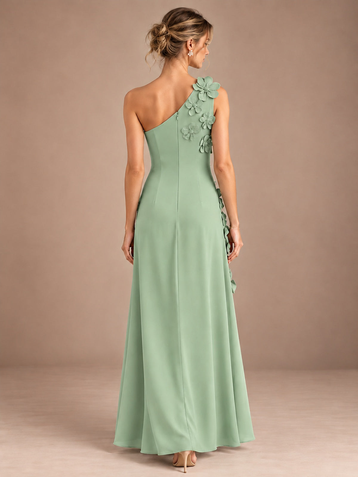 Sage Green One Shoulder Satin Formal Maxi Dress with 3D Floral