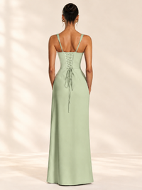 Square Neck Satin Sleeveless Ruched Prom Dress with High Slit