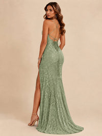Sequin Lace Appliques Mermaid Prom Dress Spaghetti Strap Formal Gowns with Slit