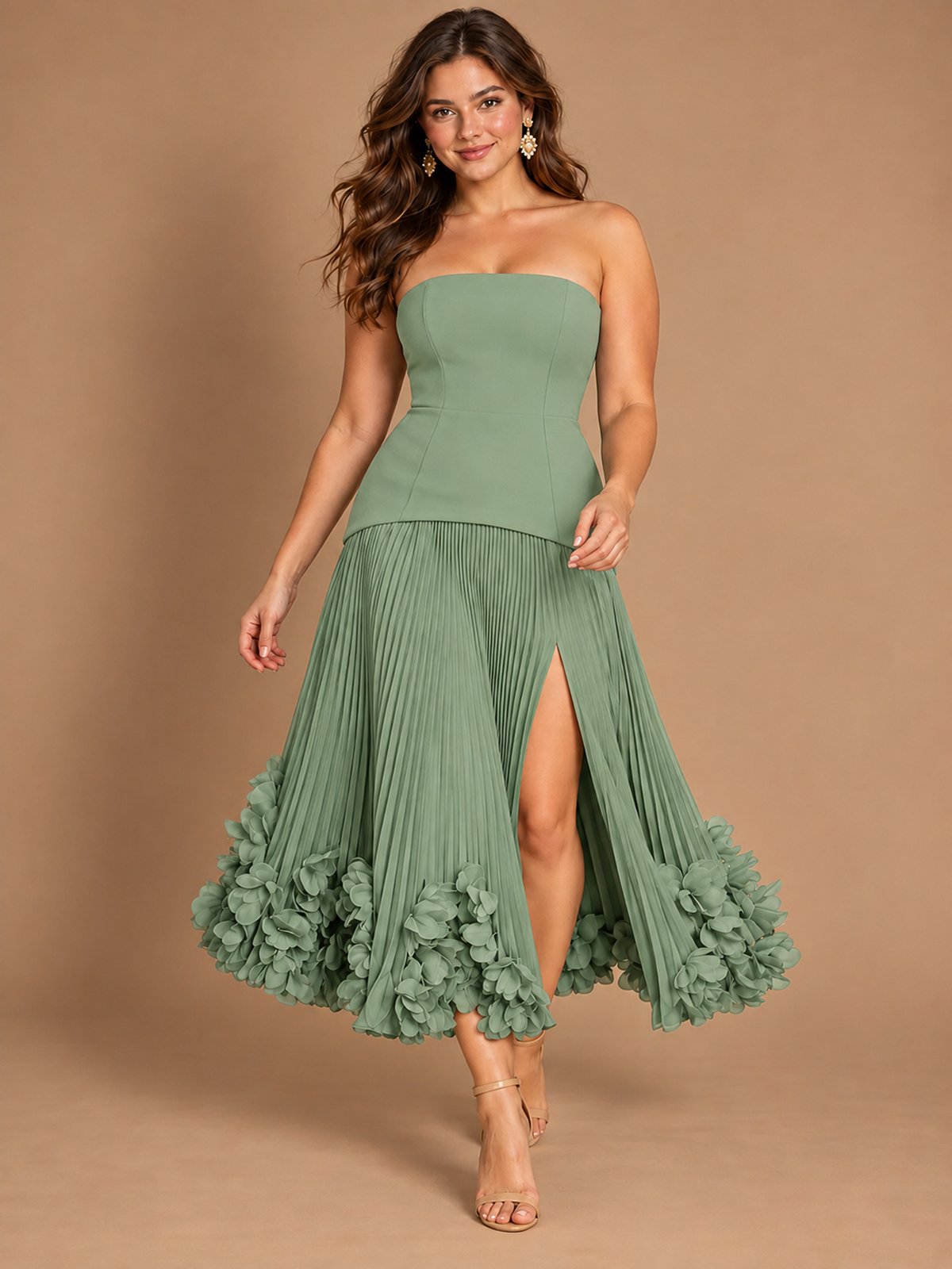 Navy Blue Strapless Pleated A-Line Midi Dress with 3D Floral Applique