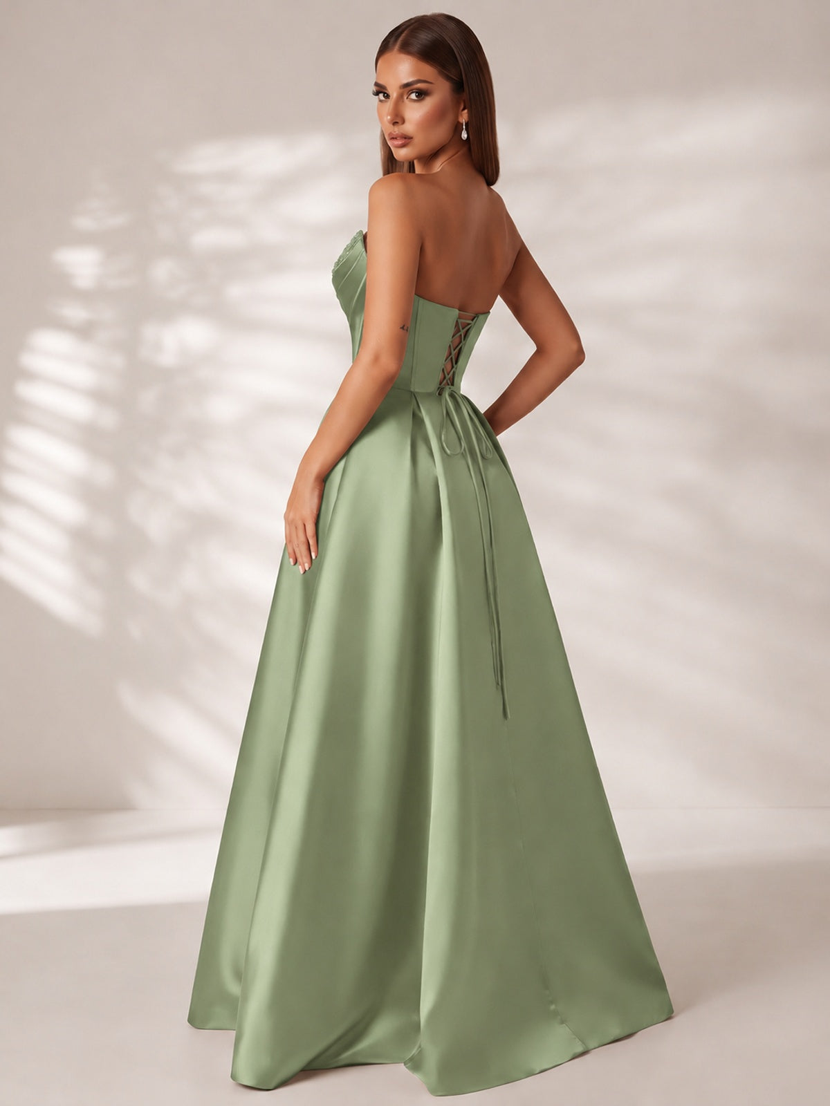 Strapless Corset Satin Prom Dress Long Evening Gown with High Slit