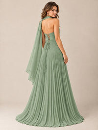 Sweetheart Neckline Pleated Prom Dress Strapless A-line Formal Dress with Flowy Scarf