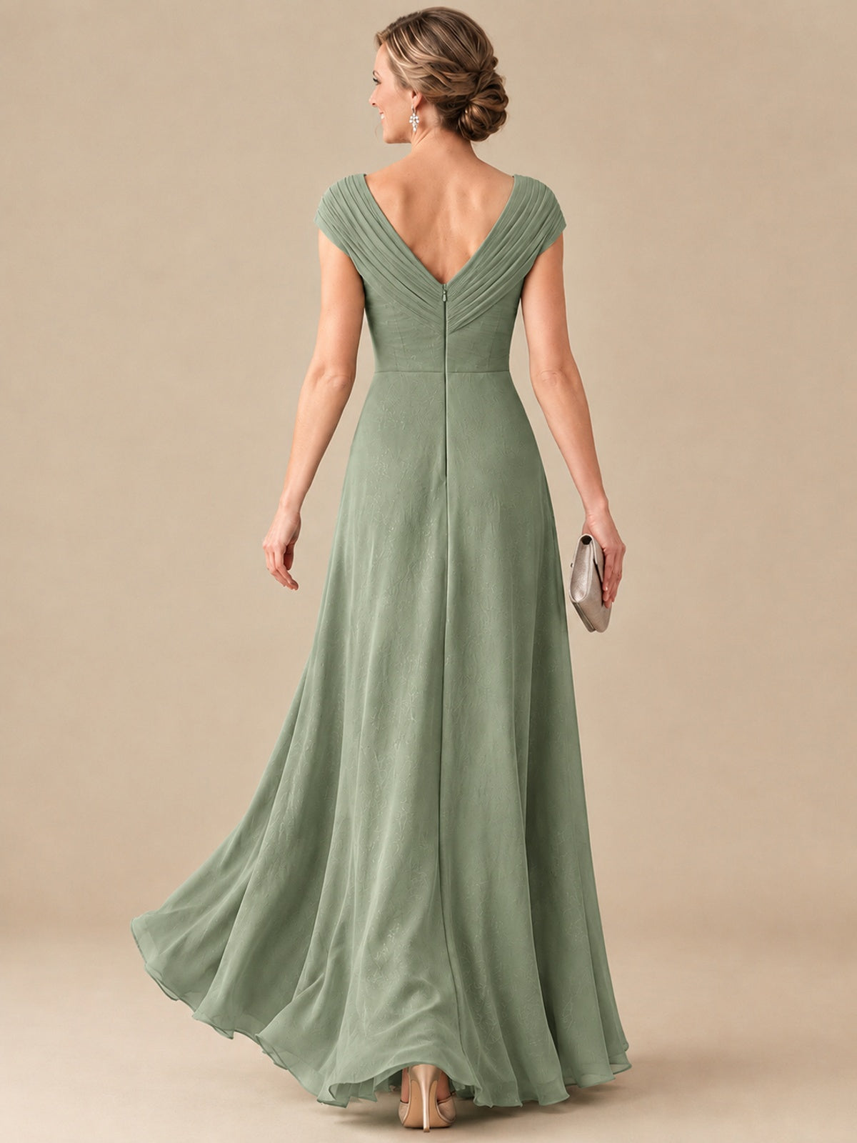 Pleated Chiffon Lace Mother of The Bride Dresses with Beading Cap Sleeves