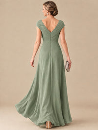 Pleated Chiffon Lace Mother of The Bride Dresses with Beading Cap Sleeves