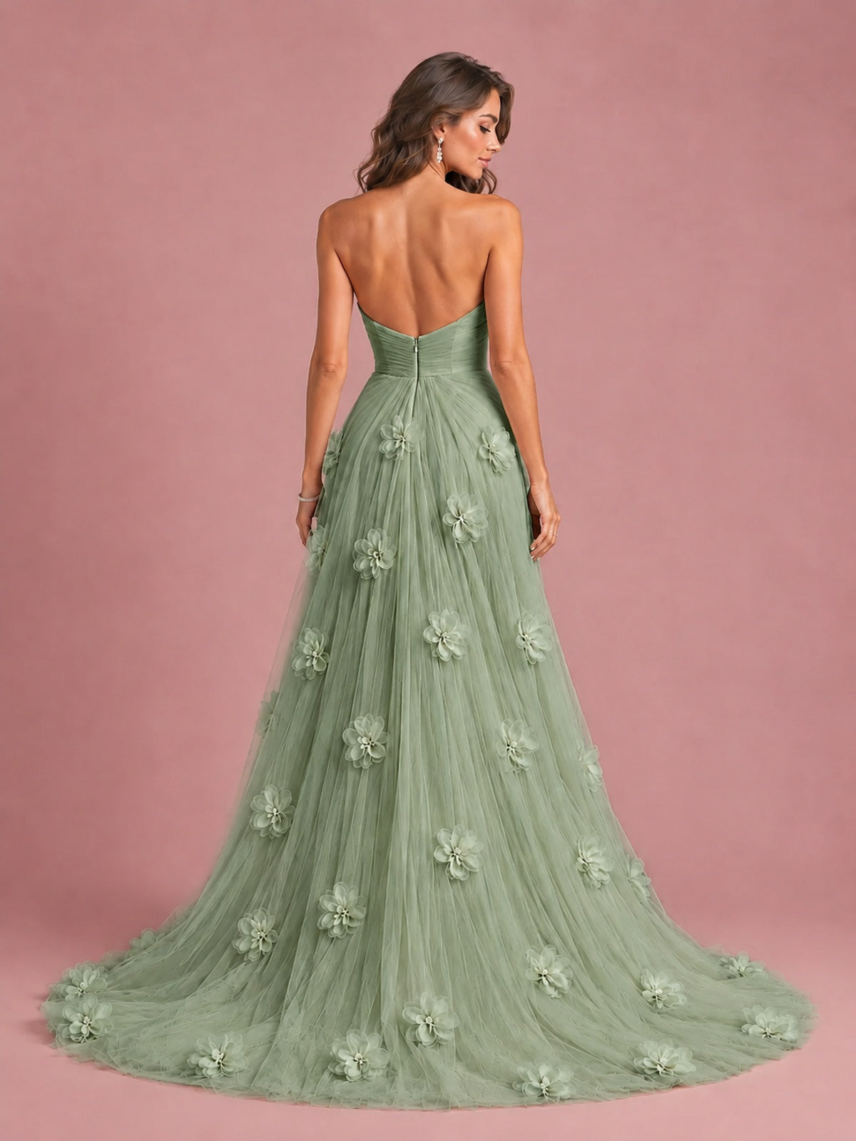 3D Floral Applique Strapless Tulle Prom Dress with High Slit