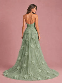 3D Floral Applique Strapless Tulle Prom Dress with High Slit