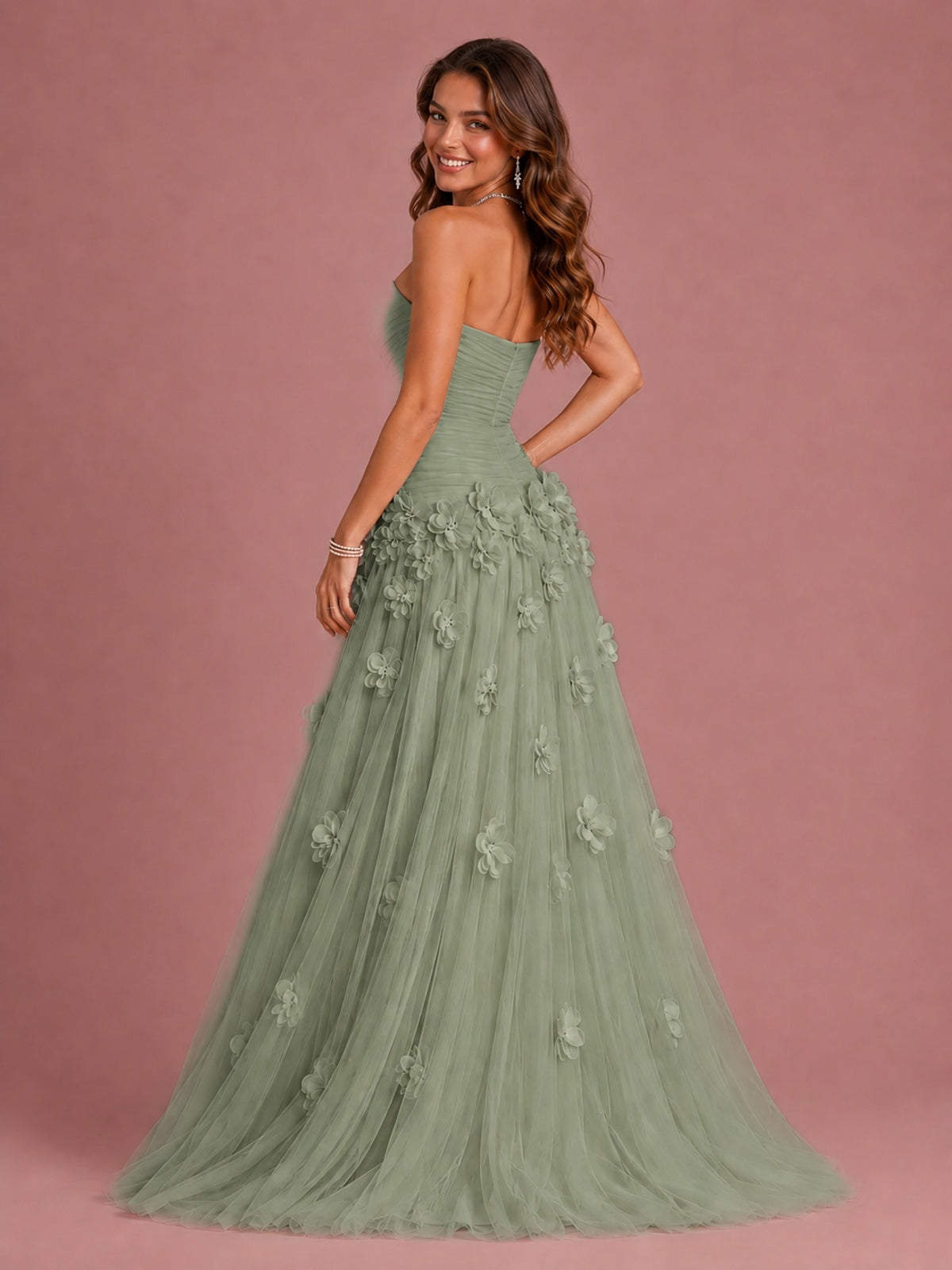 Blush Pink Strapless Sweetheart 3D Floral Tulle Ball Gown Prom Dres