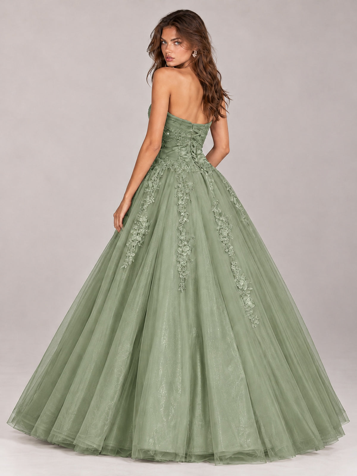 Strapless Sweetheart Tulle Ball Gown Prom Dress with Lace Appliques