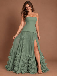 Strapless Pleated Floral Satin Formal Dress with Side Slit