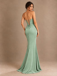 Emerald Green Strapless Mermaid Prom Dress with 3D Rose & Keyhole Cutout