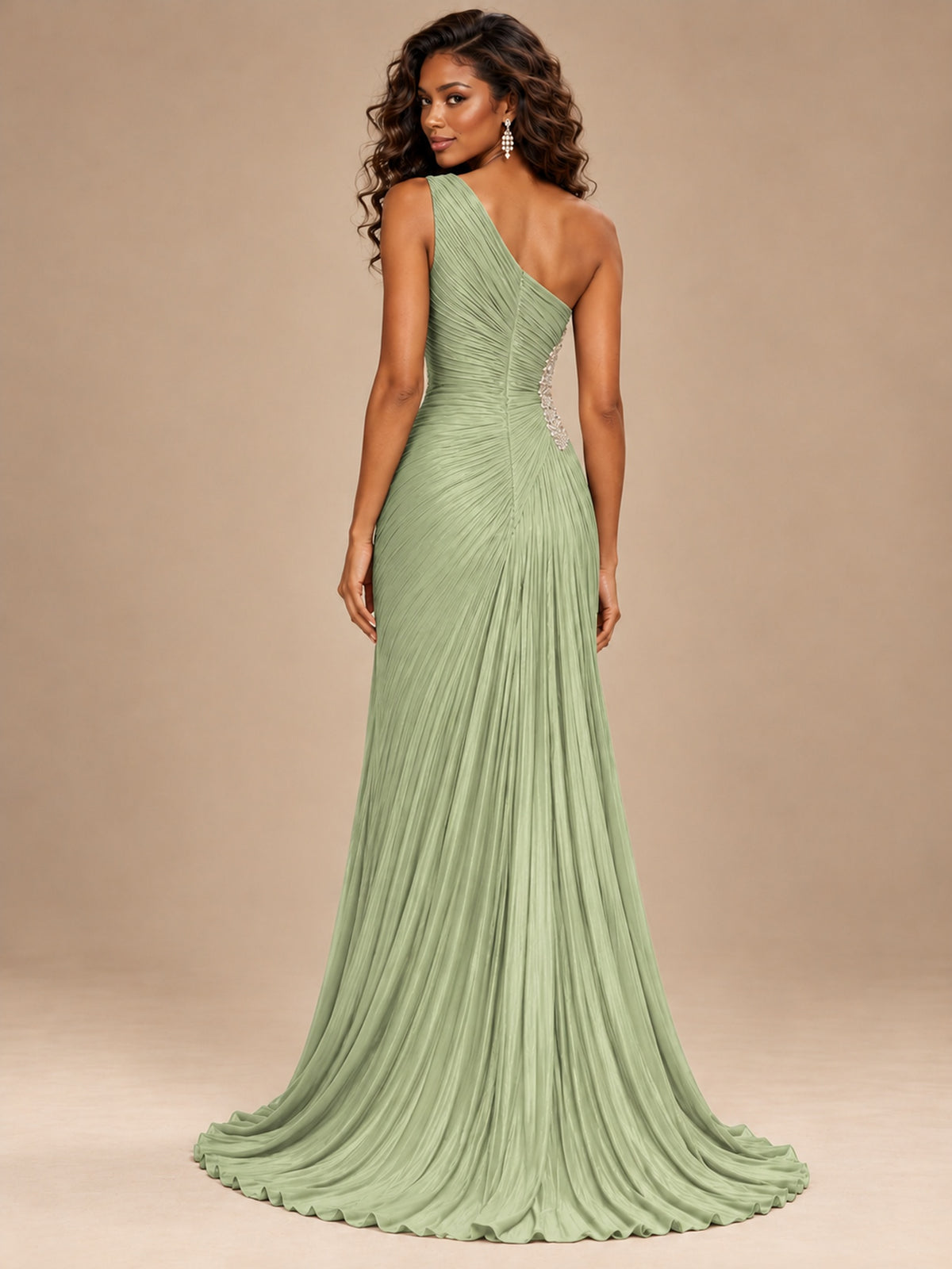 Burgundy One Shoulder Ruched Prom Dress with High Slit & Beaded Waist