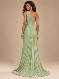 Burgundy One Shoulder Ruched Prom Dress with High Slit & Beaded Waist