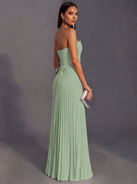 Strapless A-line Long Pleated Satin Prom Dress