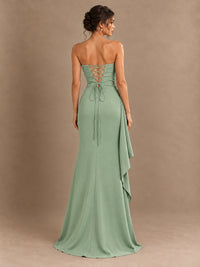 Black and White Strapless Ruched Prom Dress with High Slit & Side Drape