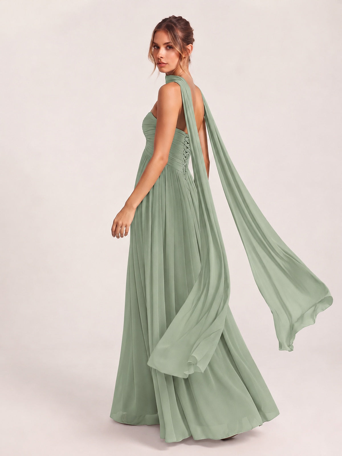 Strapless Ruched Chiffon Long Prom Dress with Scarf