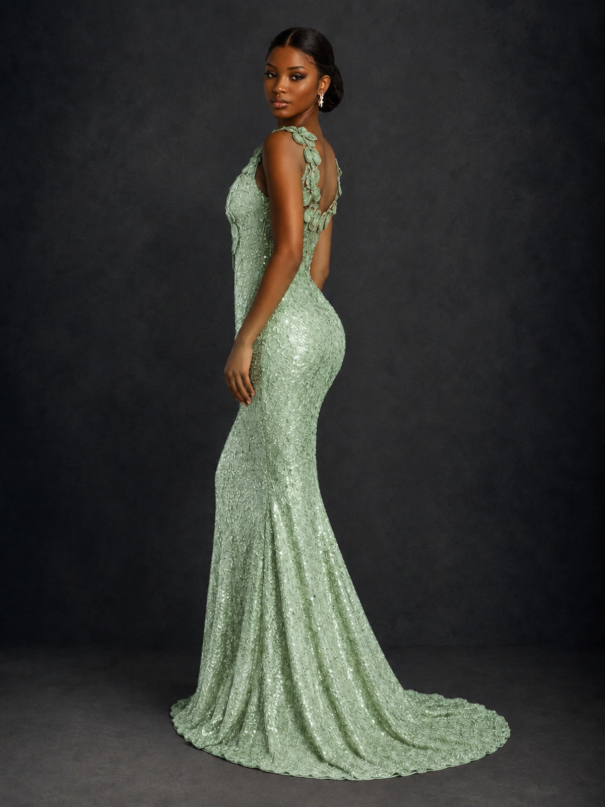 Gold Sequin Floral Applique Mermaid Prom Dress