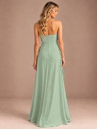 Yellow Strapless A-line Satin Maxi Dress with 3D Floral