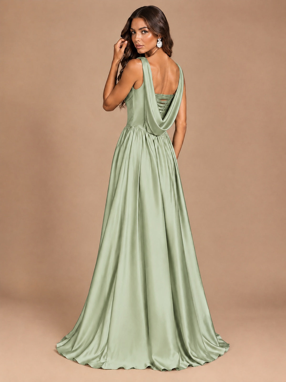Cowl Neck Pleated Satin Prom Dress with Pockets & Slit Maxi Formal Gowns