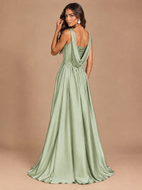 Cowl Neck Pleated Satin Prom Dress with Pockets & Slit Maxi Formal Gowns