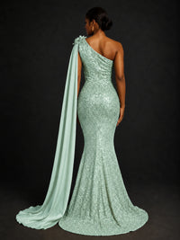 Gold Sequin One Shoulder Mermaid Prom Dress with Cape