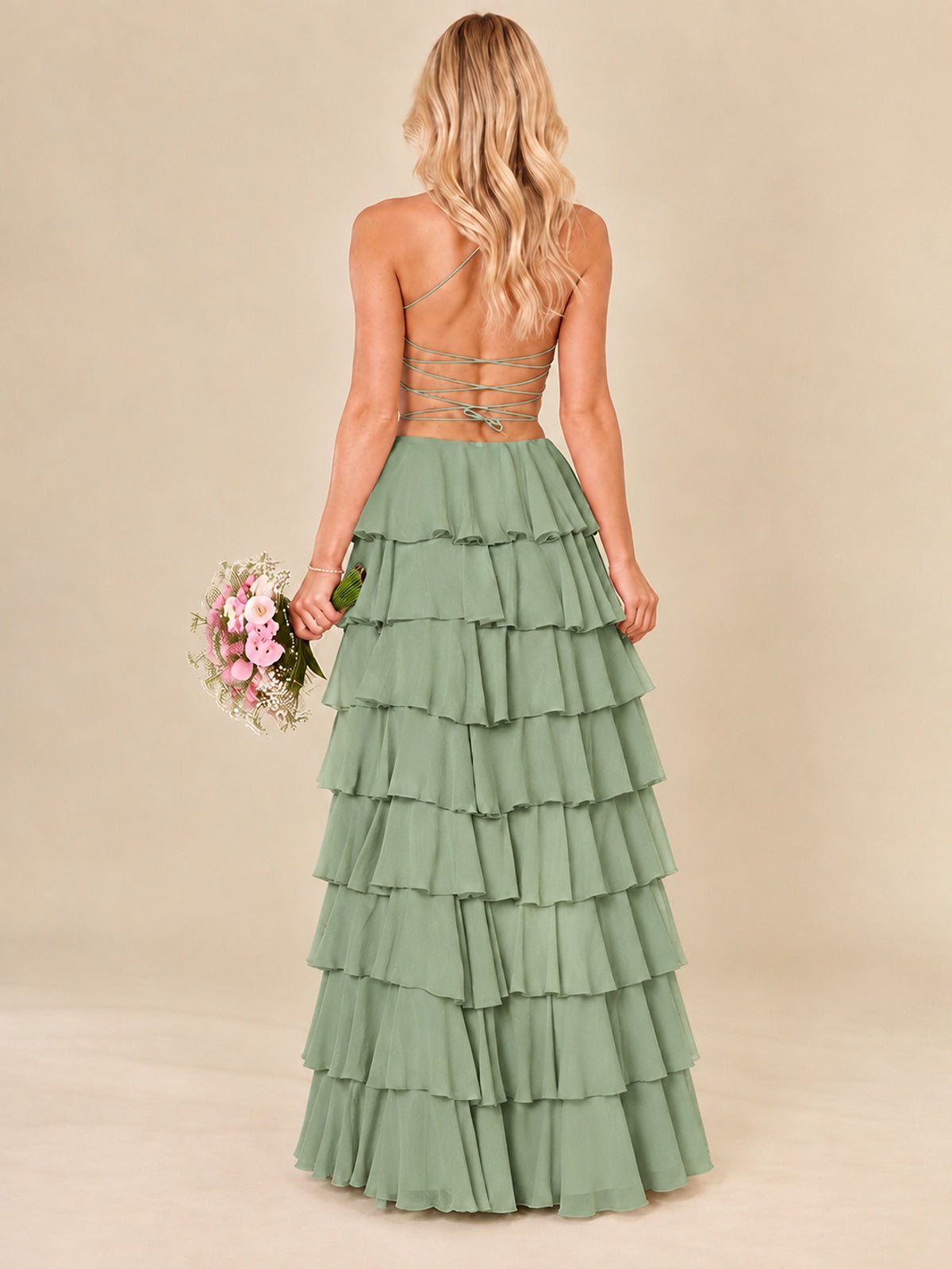 Ruffled Tiered Chiffon Prom Dress Spaghetti Straps Formal Maxi Dress with Slit