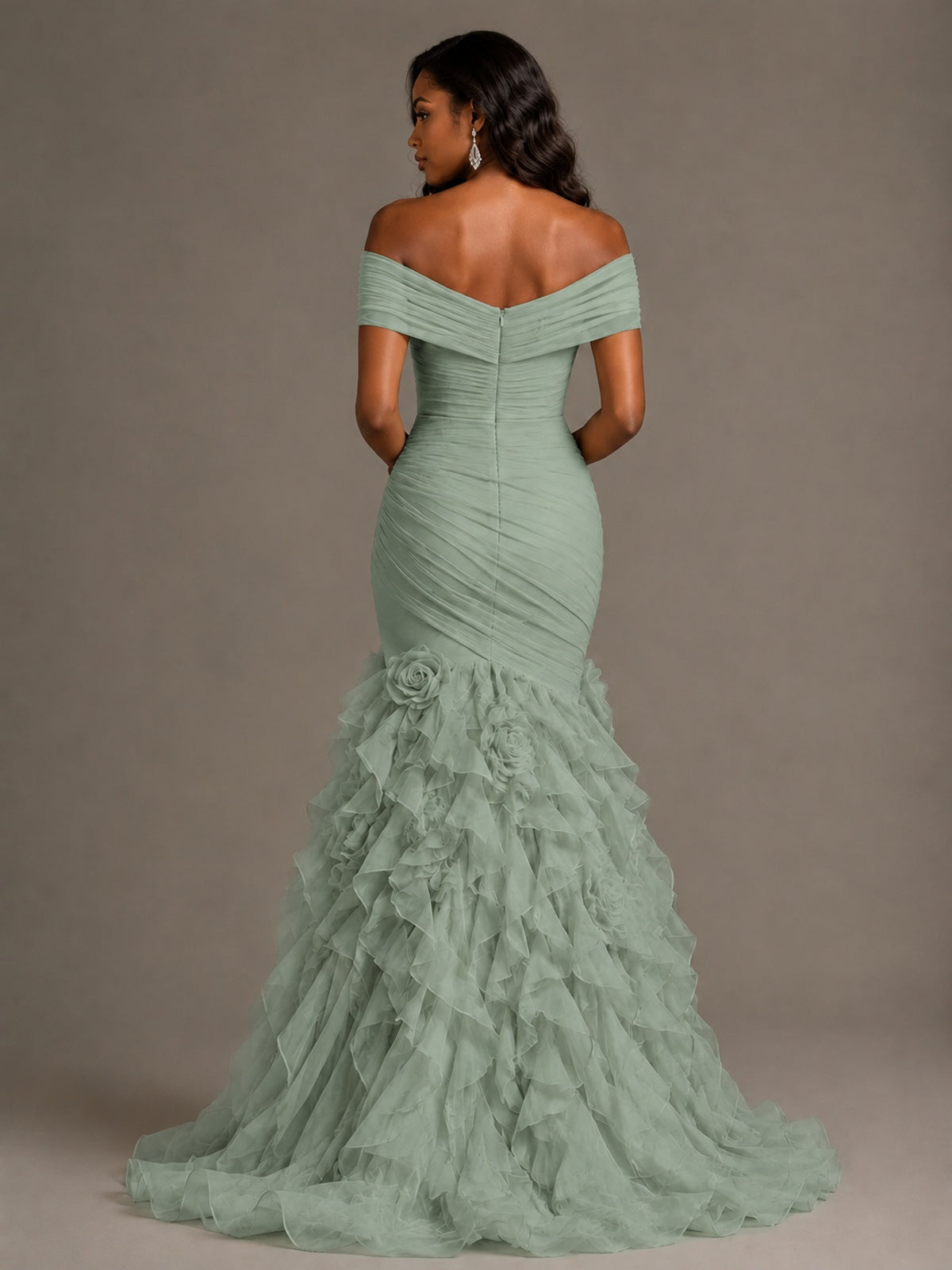 Pink Off-the-Shoulder Mermaid Prom Dress with Ruffles 3D Flowers