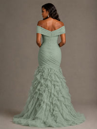 Pink Off-the-Shoulder Mermaid Prom Dress with Ruffles 3D Flowers