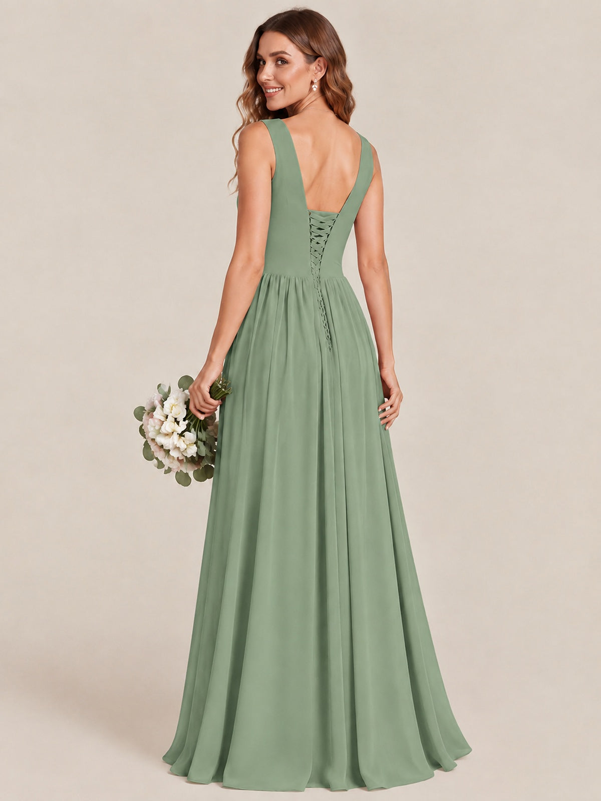 A-line Sleeveless Rucehd Chiffon Bridesmaid Dress with High Slit