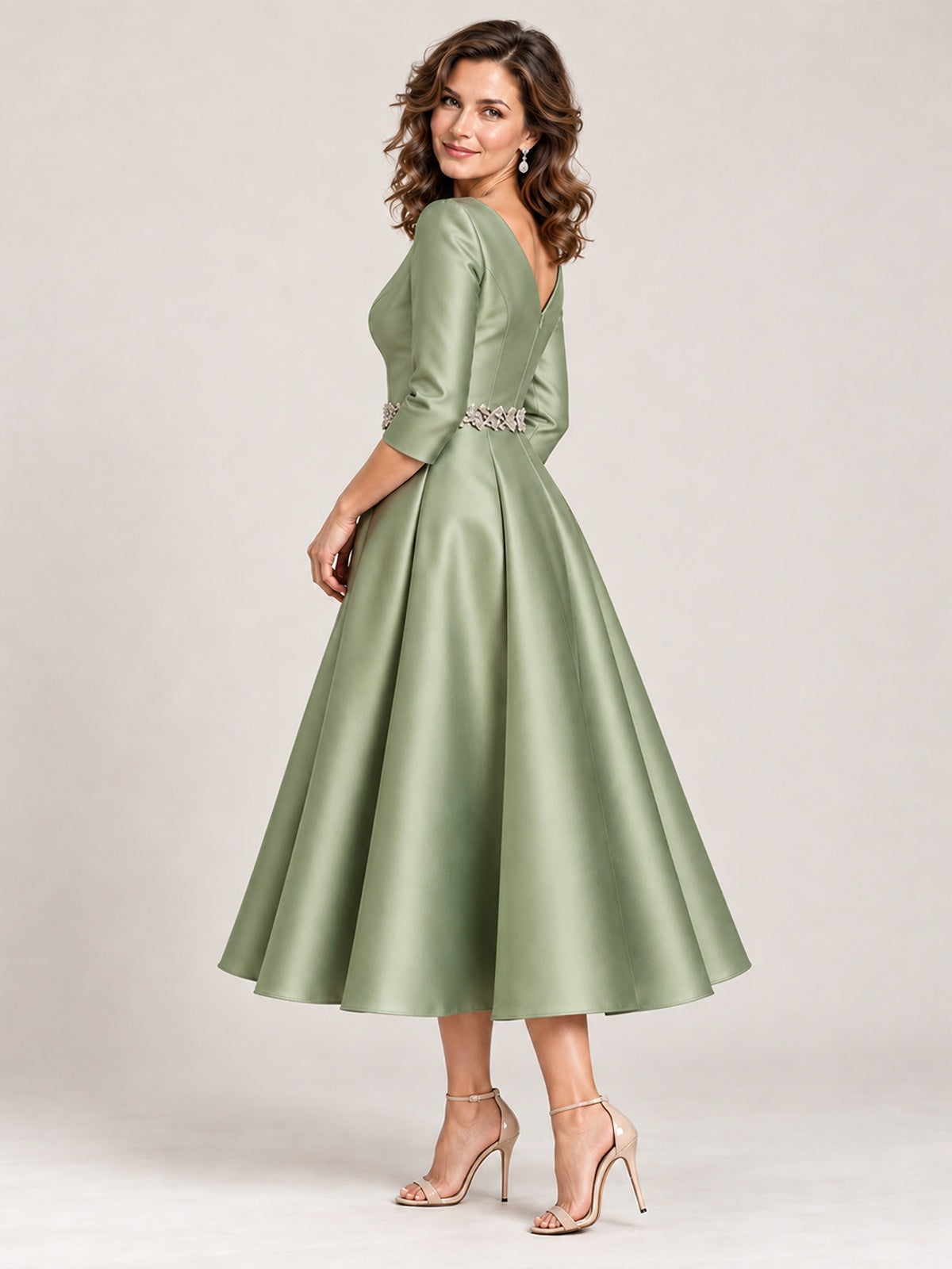 V-Neck Tea-Length Mother of the Bride Dress with Embellished Waist