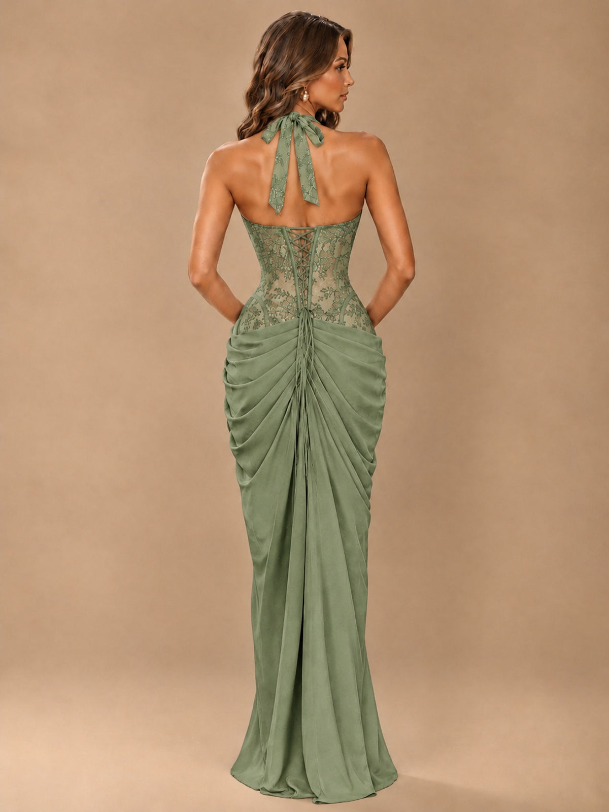 Sweetheart Halter Prom Dress Pleated Lace Floral Formal Dress with Slit