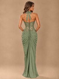 Sweetheart Halter Prom Dress Pleated Lace Floral Formal Dress with Slit