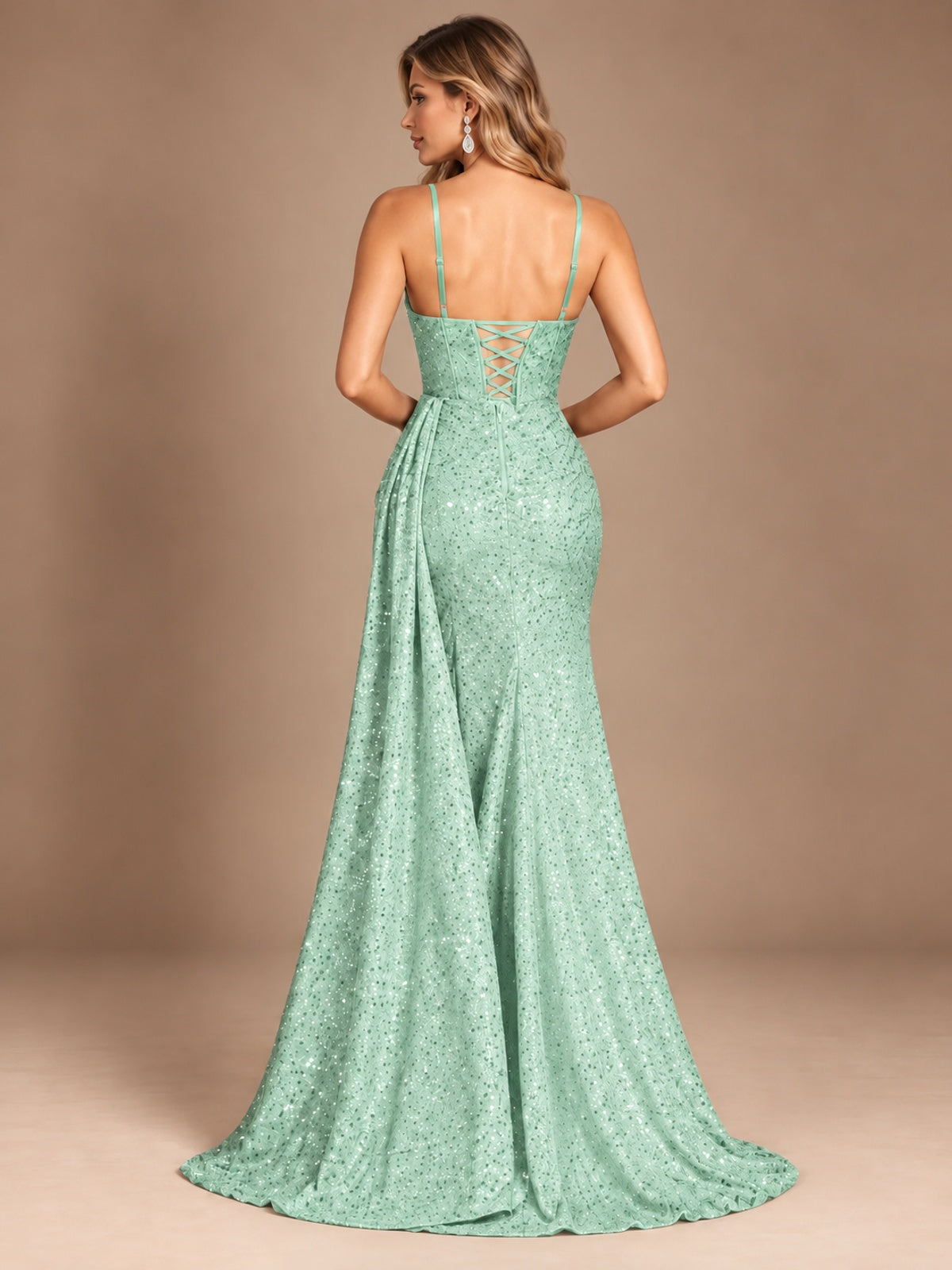 Burgundy Sequin Corset Prom Dress with High Slit