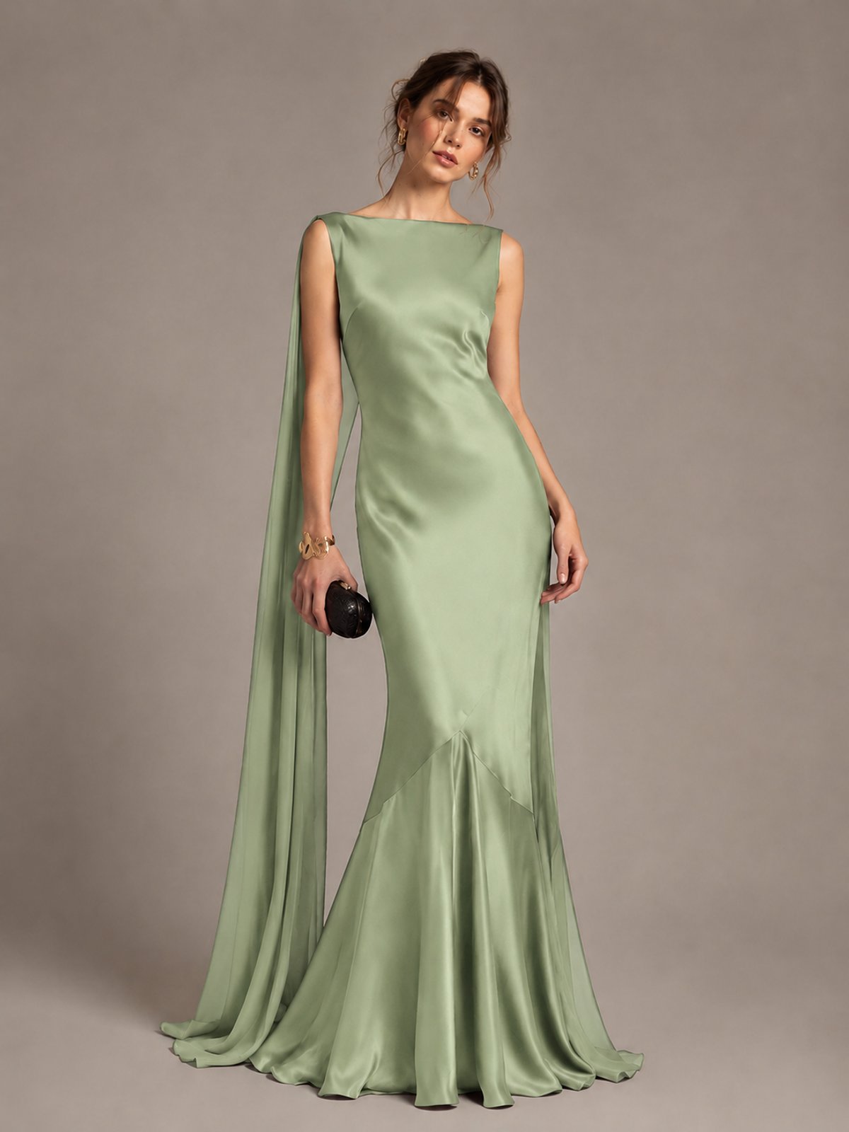 Burgundy Satin Mermaid Cape Maxi Dress