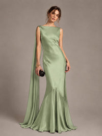 Burgundy Satin Mermaid Cape Maxi Dress
