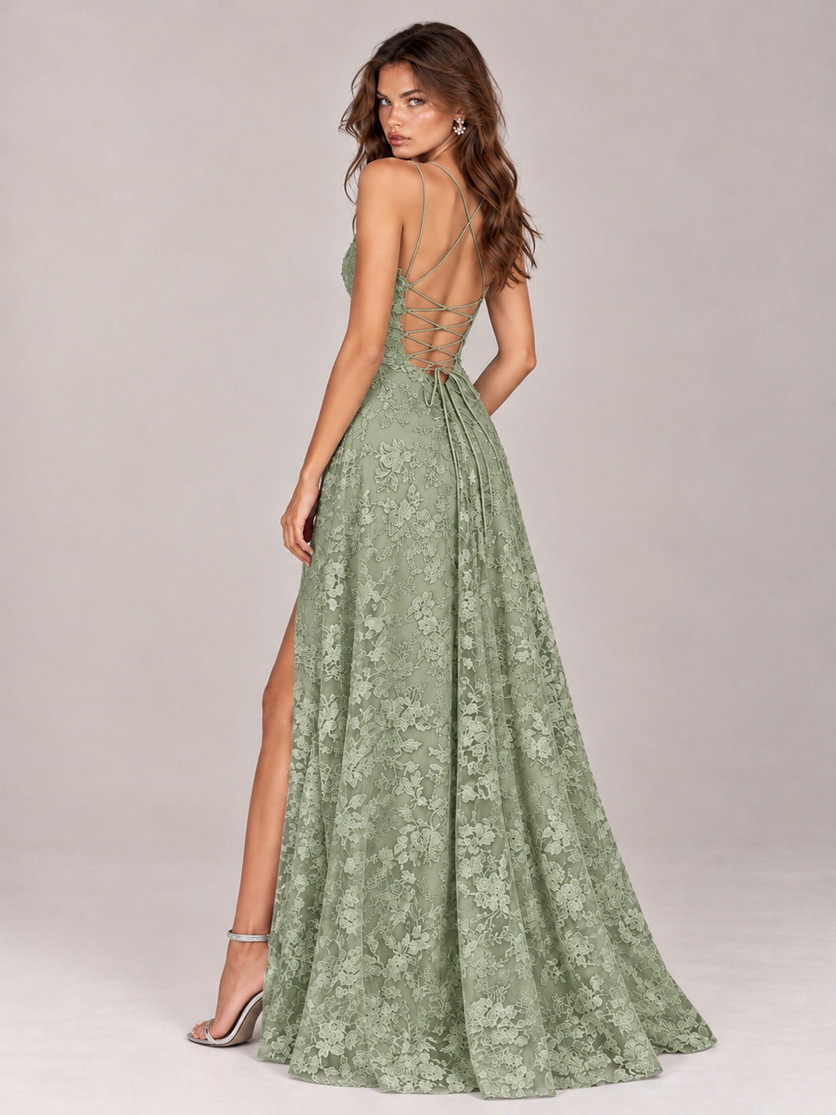 Floral Lace A-Line Prom Dress with Spaghetti Straps & High Slit