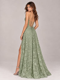 Floral Lace A-Line Prom Dress with Spaghetti Straps & High Slit